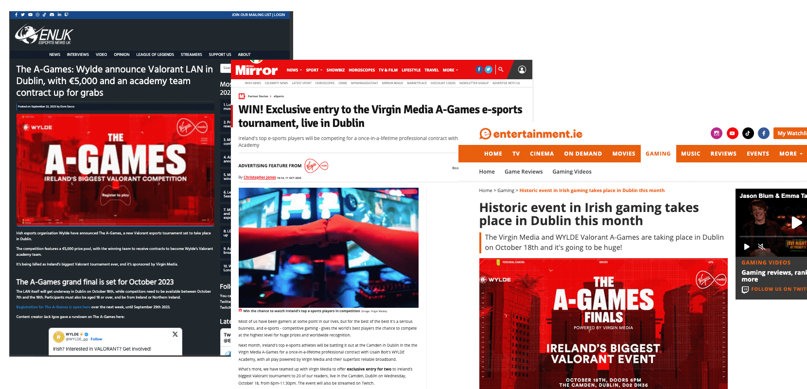 Virgin Media news article showing website articles for Valorant event