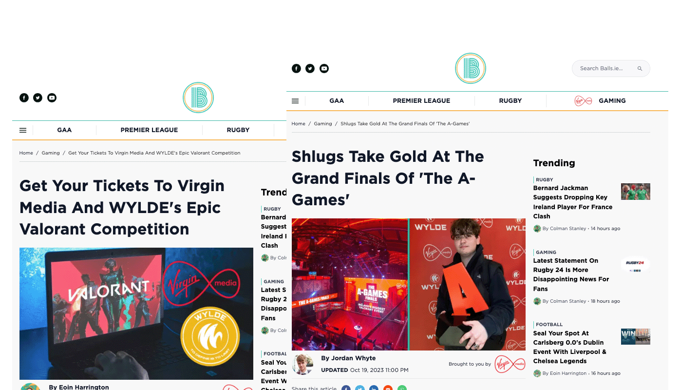 Virgin Media news article showing website articles